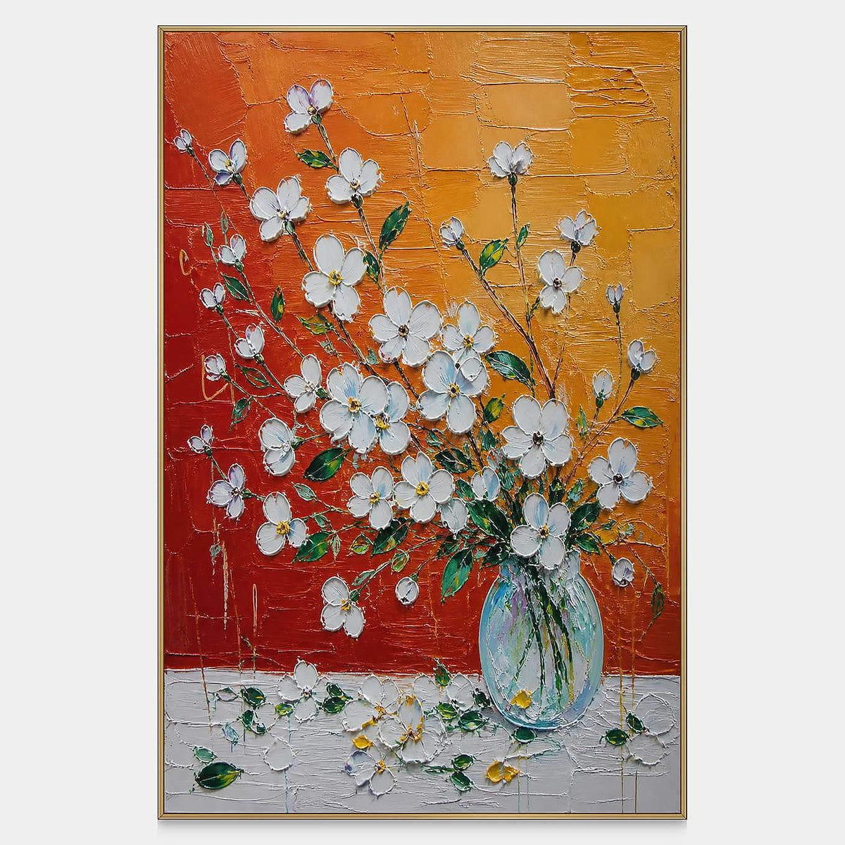 Hand-painted white blossoms against vermilion and burnt orange in a glass vase.