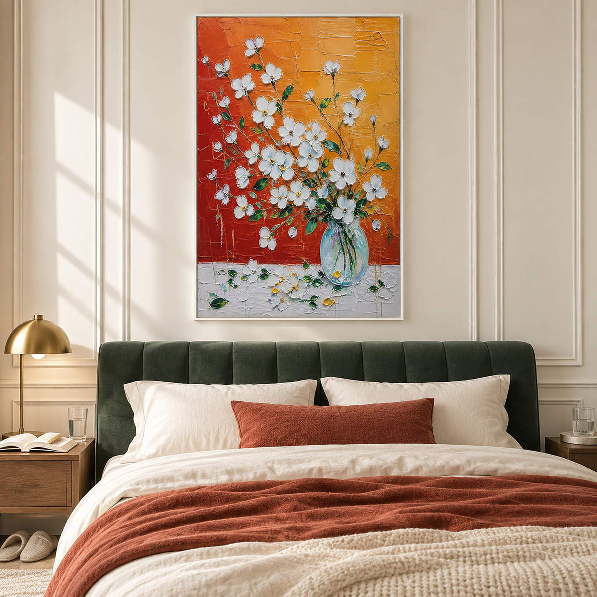 White blossoms in a glass vase against an orange and red background in a white frame in a bedroom.