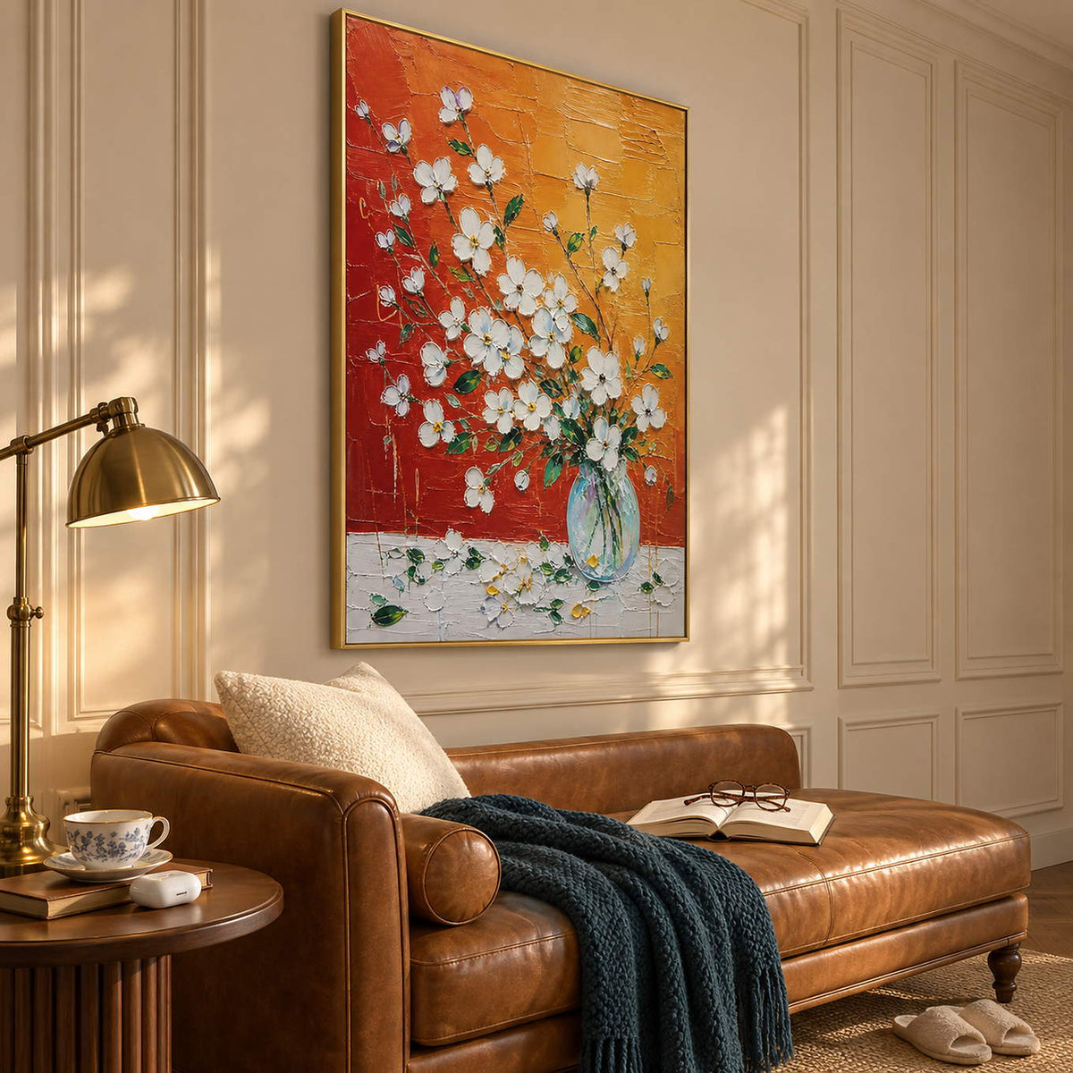 White blossoms in a glass vase against an orange and red background in a gold frame in a lounge.