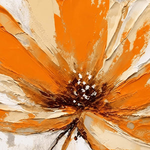 Close view of thick orange and cream petals surrounding a dark textured flower center.