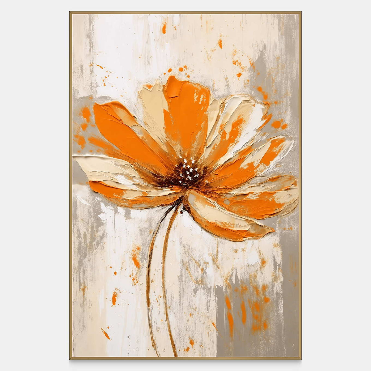 Vertical floral painting with orange and cream petals, a dark center, and slender curved stem.