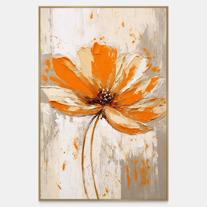 Vertical floral painting with orange and cream petals, a dark center, and slender curved stem.