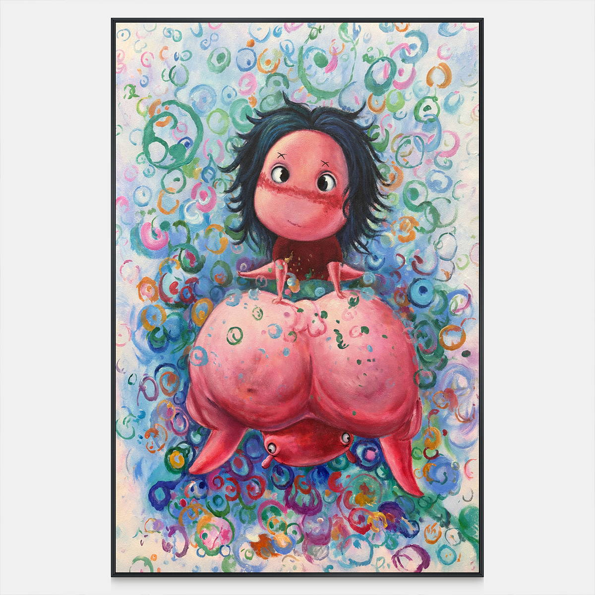 Front view of a dark-haired, wide-eyed character above a rounded pink creature amid colorful rings, with a black frame.