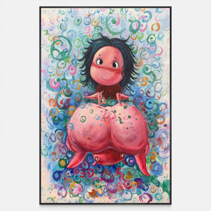 Front view of a dark-haired, wide-eyed character above a rounded pink creature amid colorful rings, with a black frame.