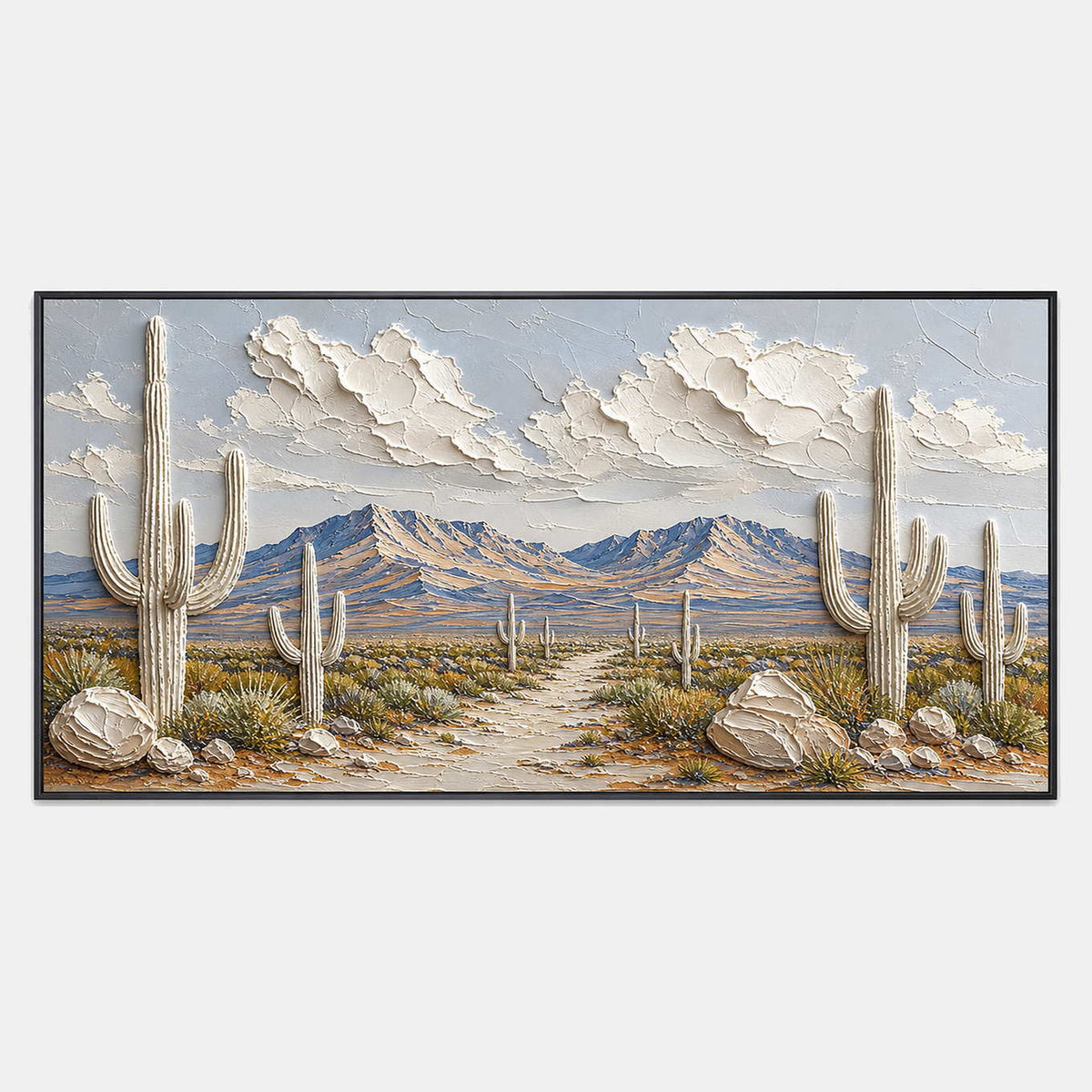 Hand-painted desert landscape wall art with white, blue, and earth tones tones.