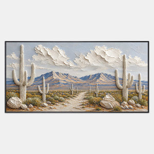 Hand-painted desert landscape wall art with white, blue, and earth tones tones.