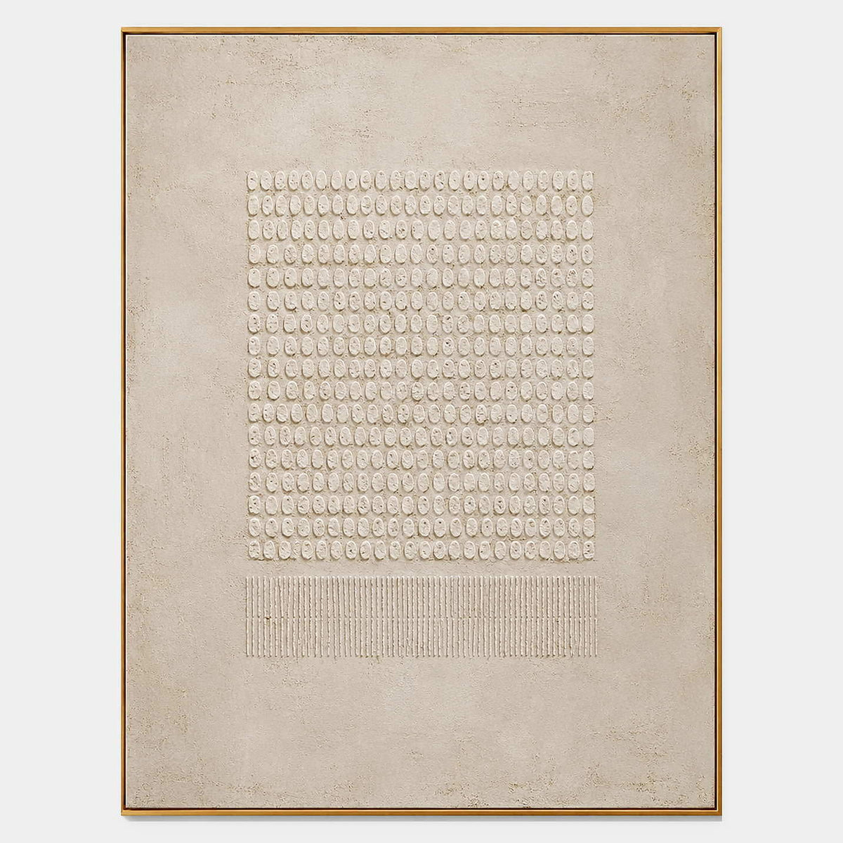 Ivory relief grid of hand-built oval marks above finely combed vertical lines.