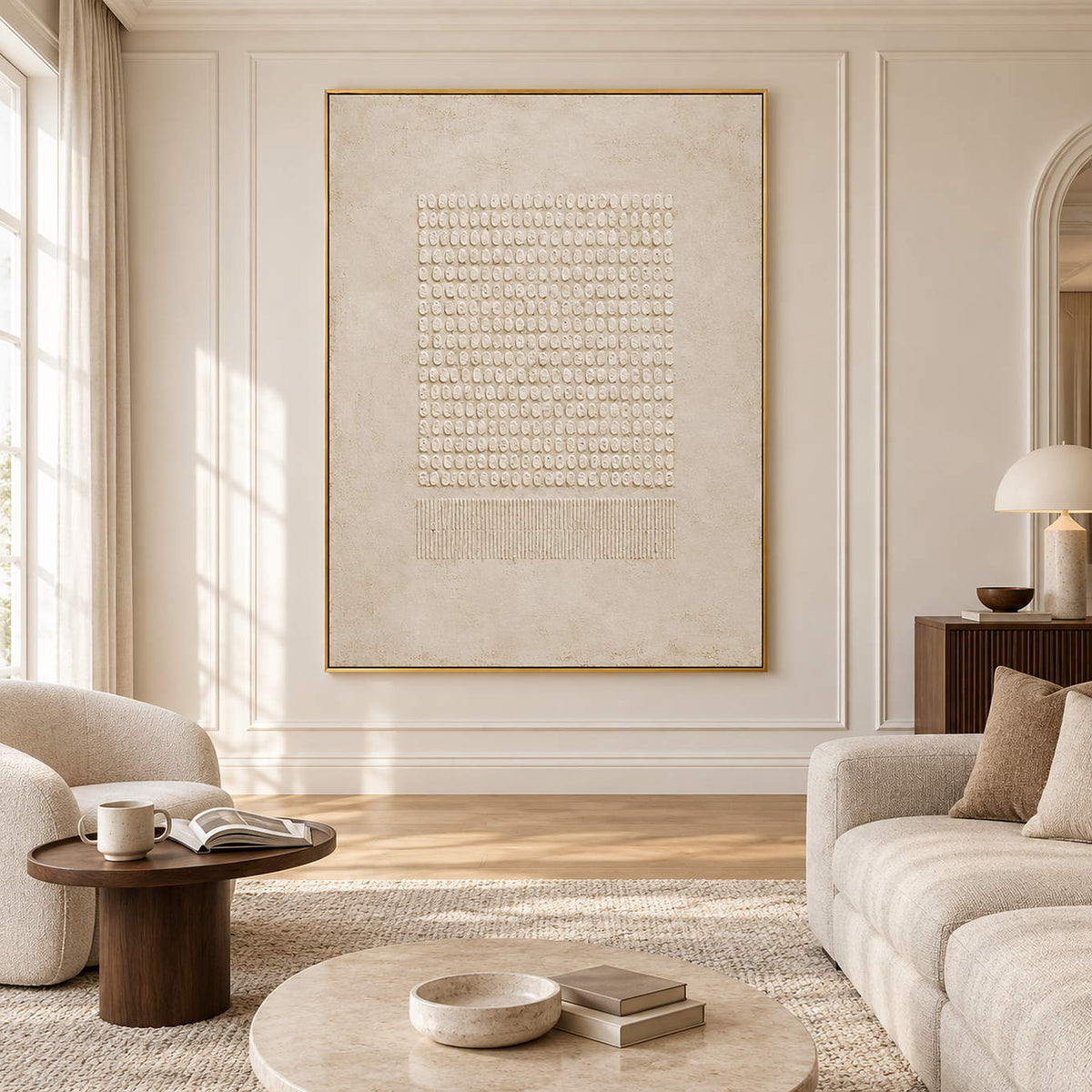 Ivory relief grid of hand-built oval marks above finely combed vertical lines, displayed in a living room in a gold frame.