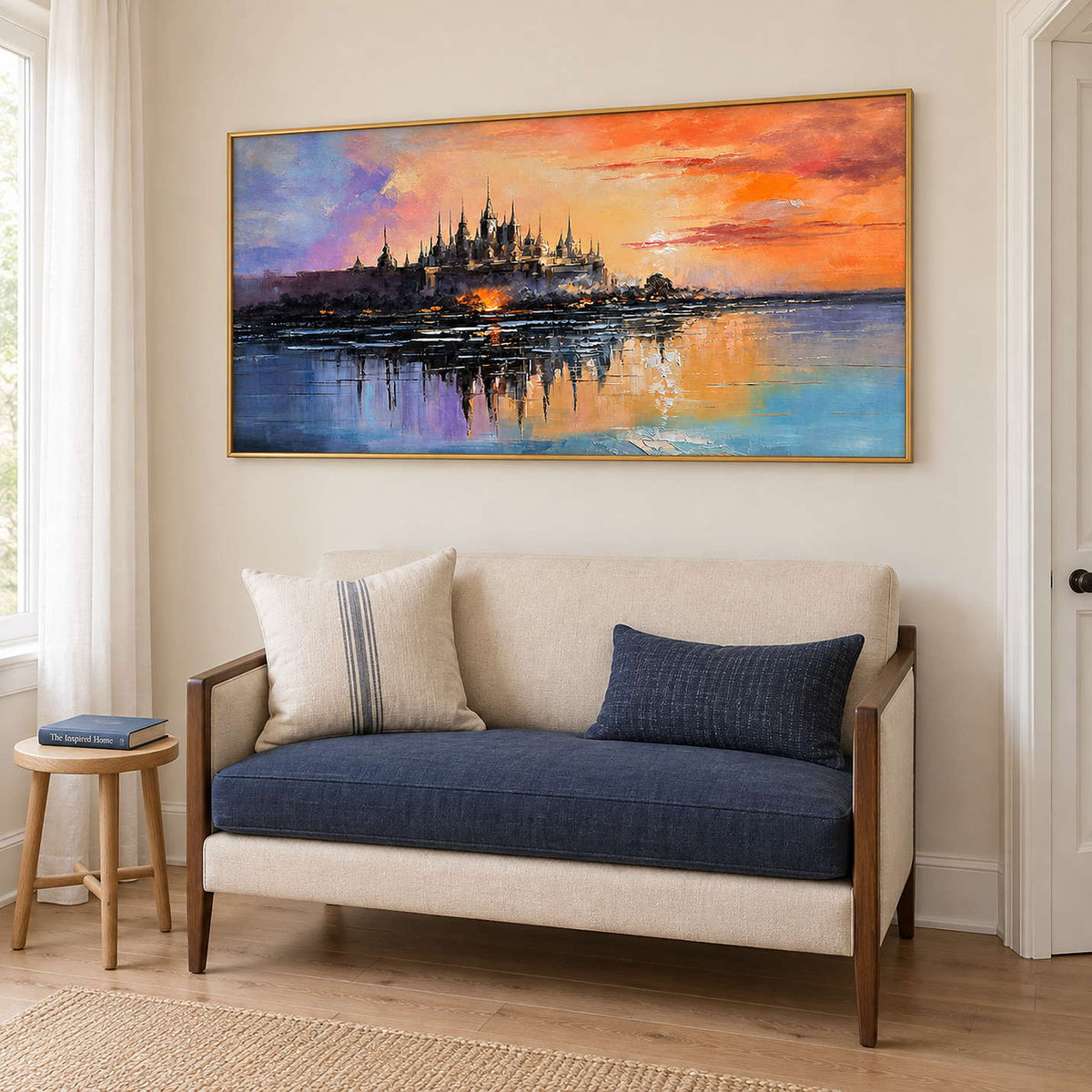 A distant castle reflected in water beneath an orange sunset in a gold frame, displayed beside seating in a lounge.