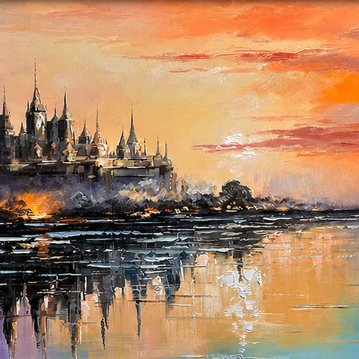Detail of Castle in the Sunset, showing the castle silhouette and sunset reflections.