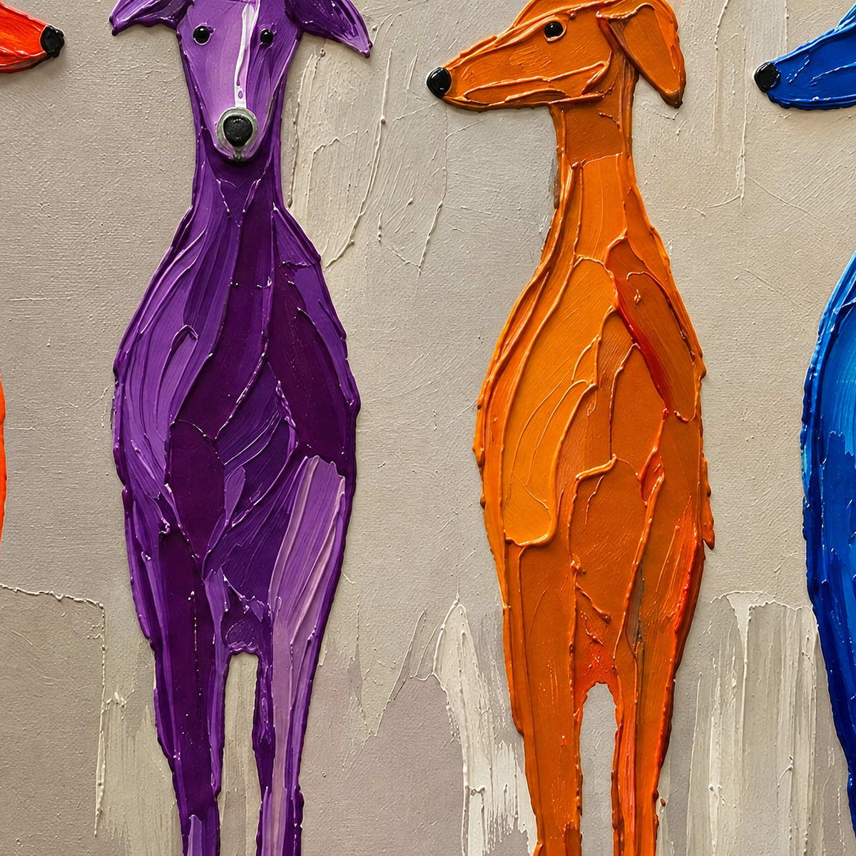 Close-up of Cheerful Company showing raised purple and orange dogs with long pointed noses against a textured taupe ground.