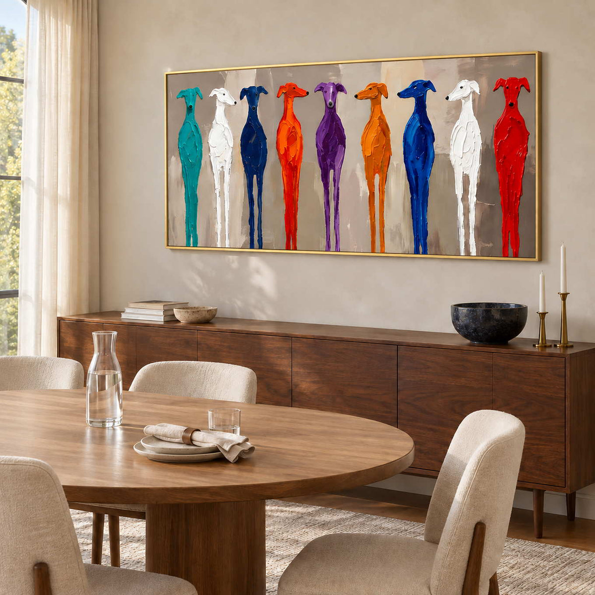 Cheerful Company in a gold frame above a dark wood sideboard beside a round dining table and cream chairs.
