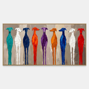 Front view of Cheerful Company, nine slender dogs in turquoise, white, blue, orange, purple and red against a soft taupe background.