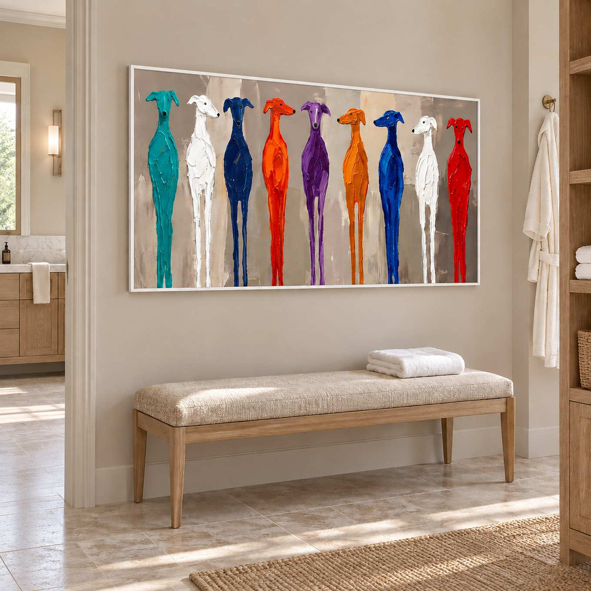 Cheerful Company in a white frame above a light cushioned bench and folded towels beside a bathroom vanity.