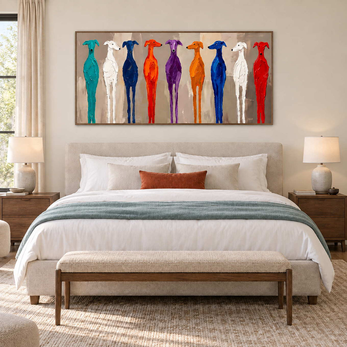 Cheerful Company in a wood frame above a cream bed with blue-green linen and a small rust cushion.