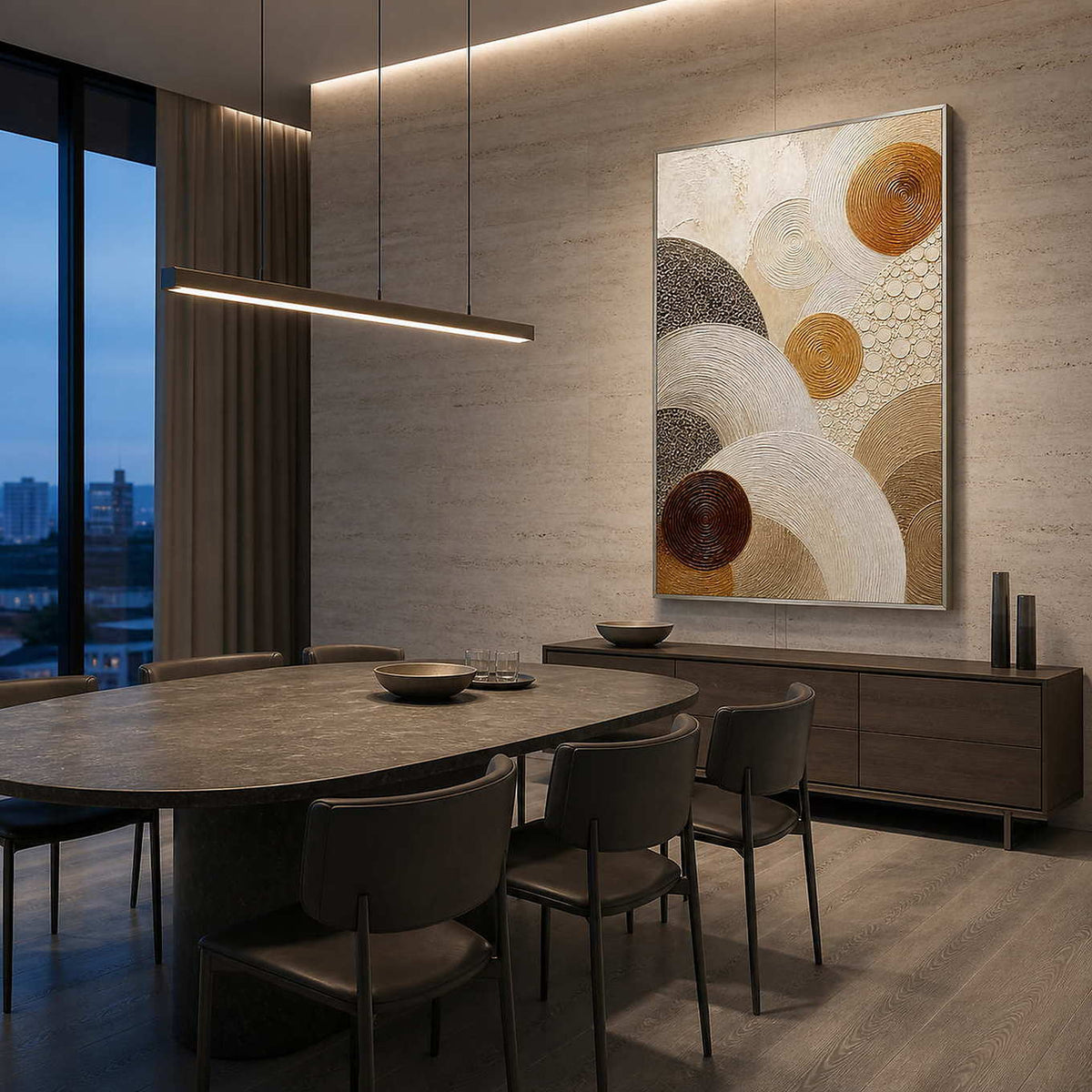 Layered circles in gold, brown, and ivory wall art in a contemporary dining room.