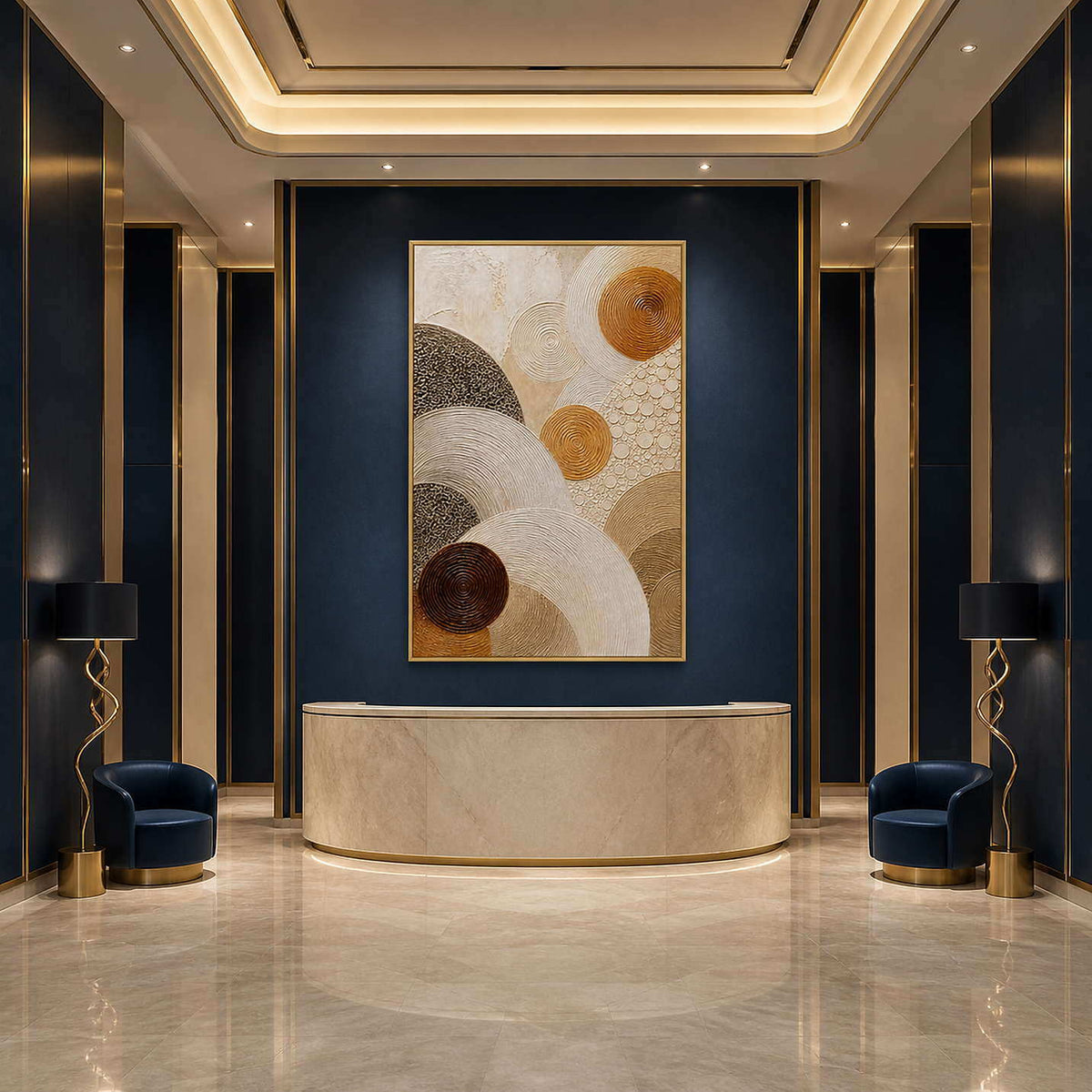Layered circles in gold, brown, and ivory wall art in a contemporary hospitality lounge.