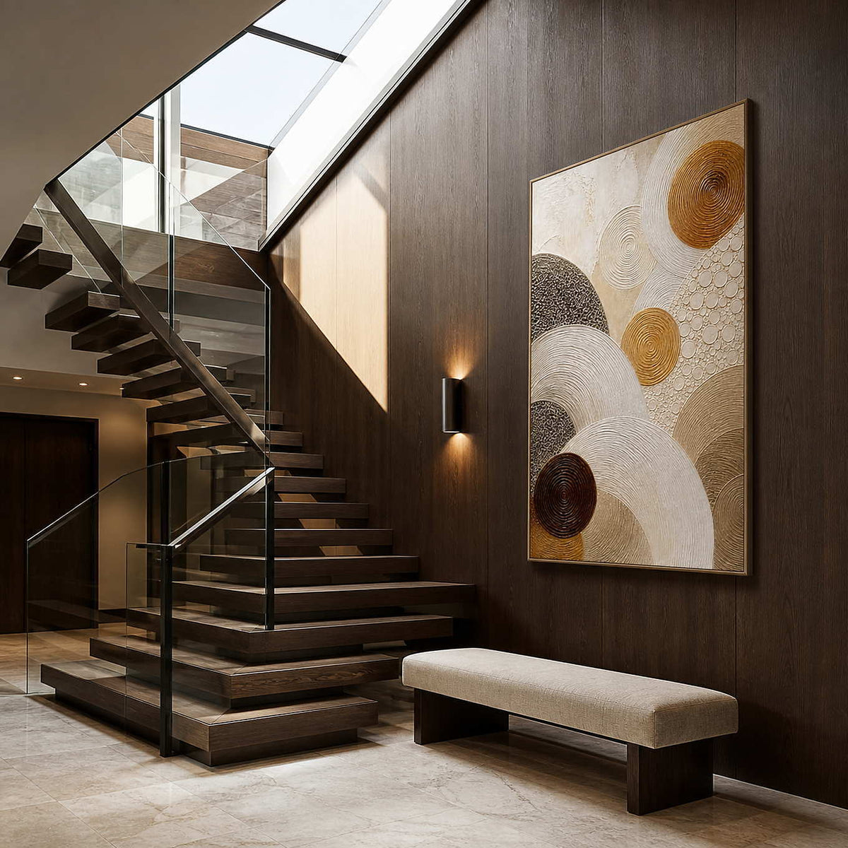 Layered circles in gold, brown, and ivory wall art in a contemporary stair hall.