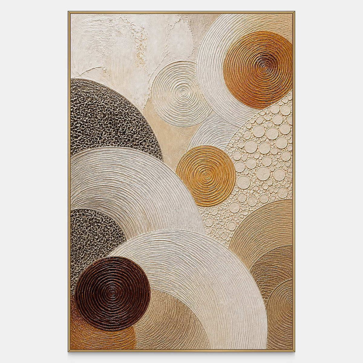 Hand-painted layered circles in gold, brown, and ivory canvas with raised texture.