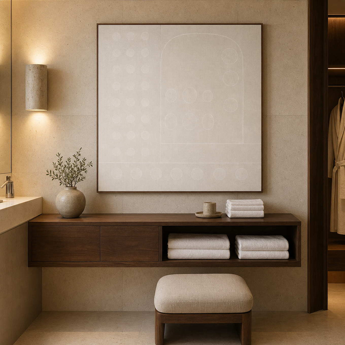 Neutral relief wall art in a warm boutique hotel bathroom.