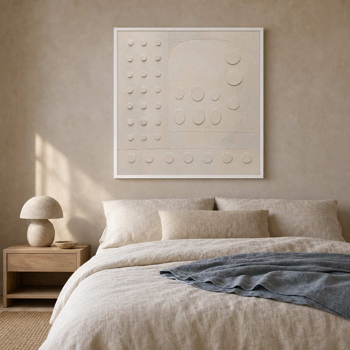 White geometric wall art in a calm oatmeal-toned bedroom.