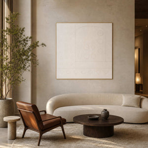 Minimalist textured wall art in an organic modern hotel lobby.
