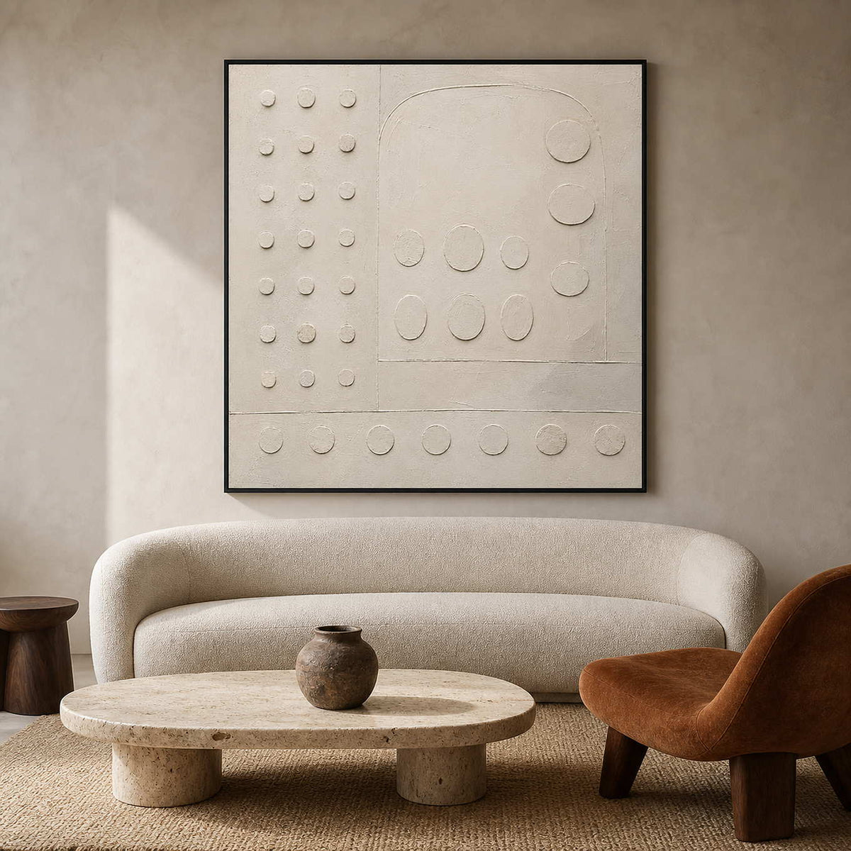 Ivory geometric relief artwork in a softly brutalist living room.