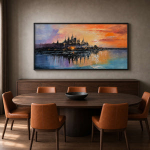 Textured Cityscape Wall Art displayed in a refined dining room.
