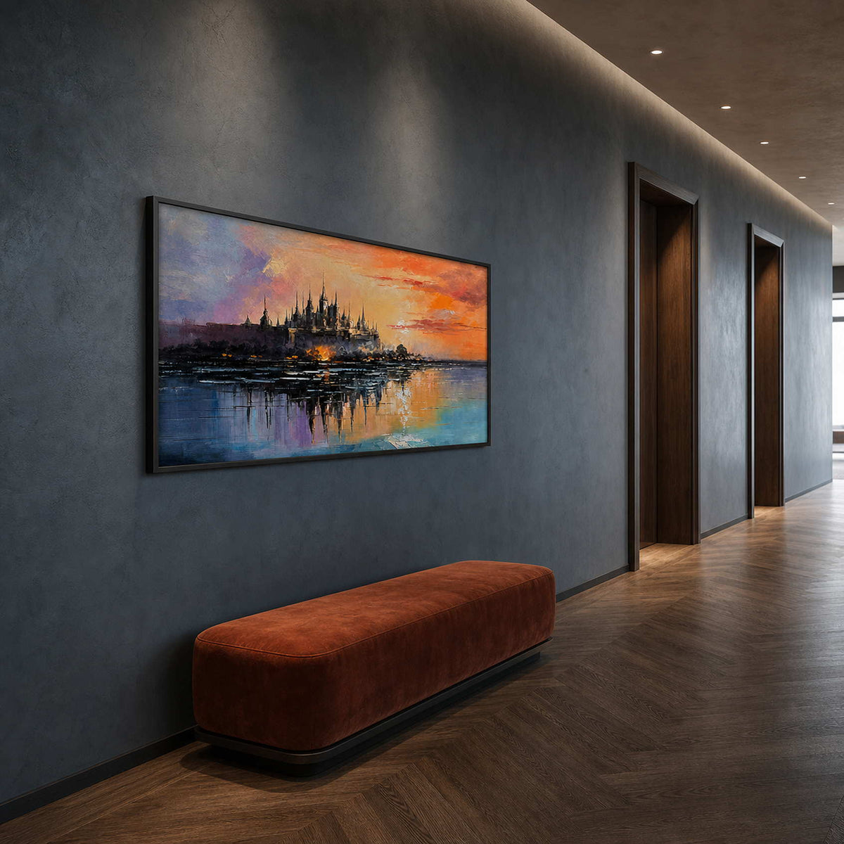 Textured Cityscape Wall Art displayed in a refined hospitality lounge 2.
