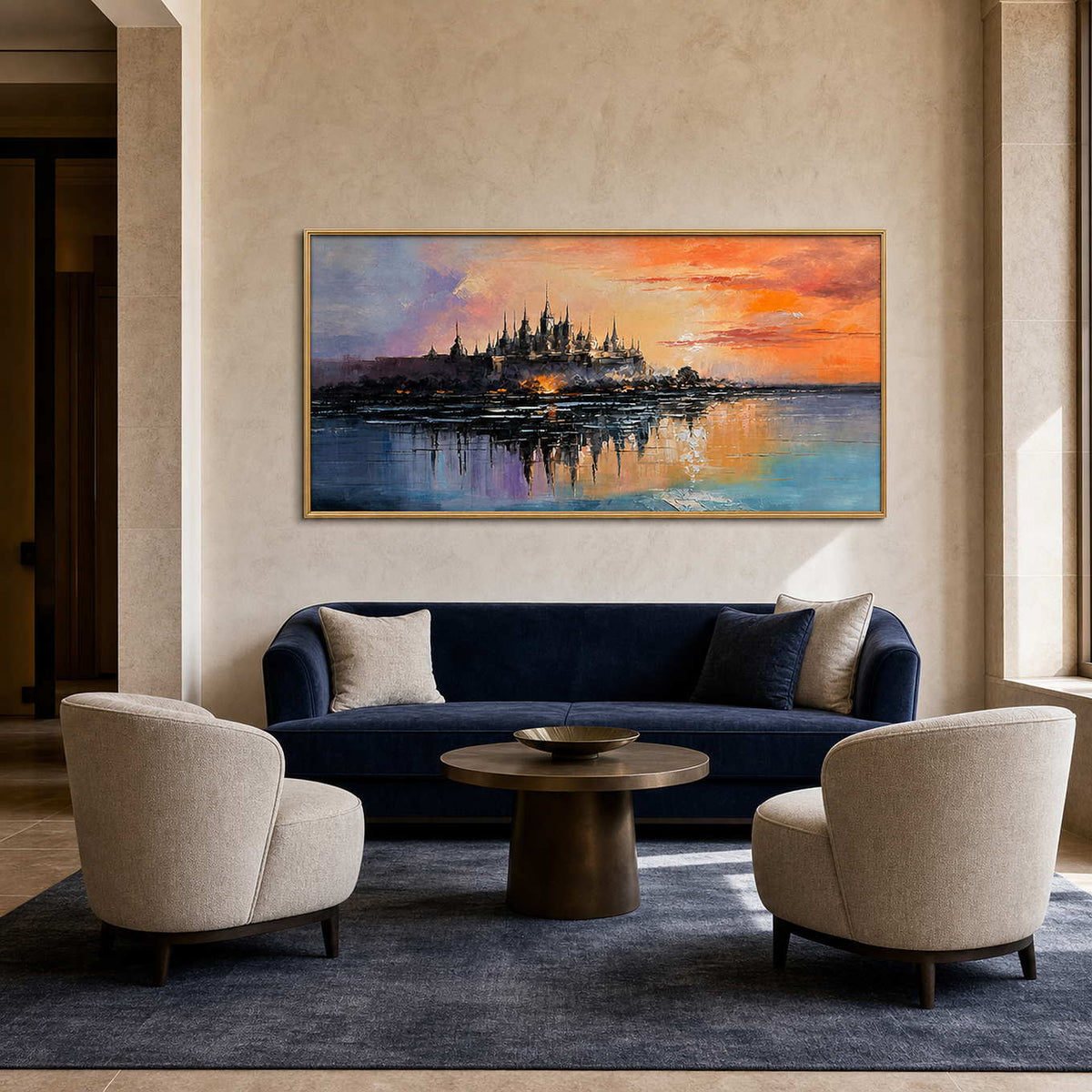 Textured Cityscape Wall Art displayed in a refined hospitality lounge 3.