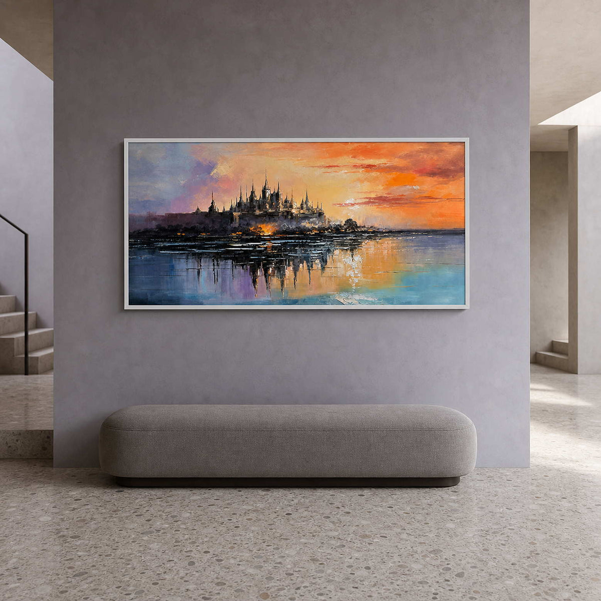Textured Cityscape Wall Art displayed in a refined hospitality lounge.