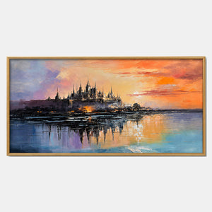Hand-painted textured cityscape wall art with warm tones, blue, and black tones.