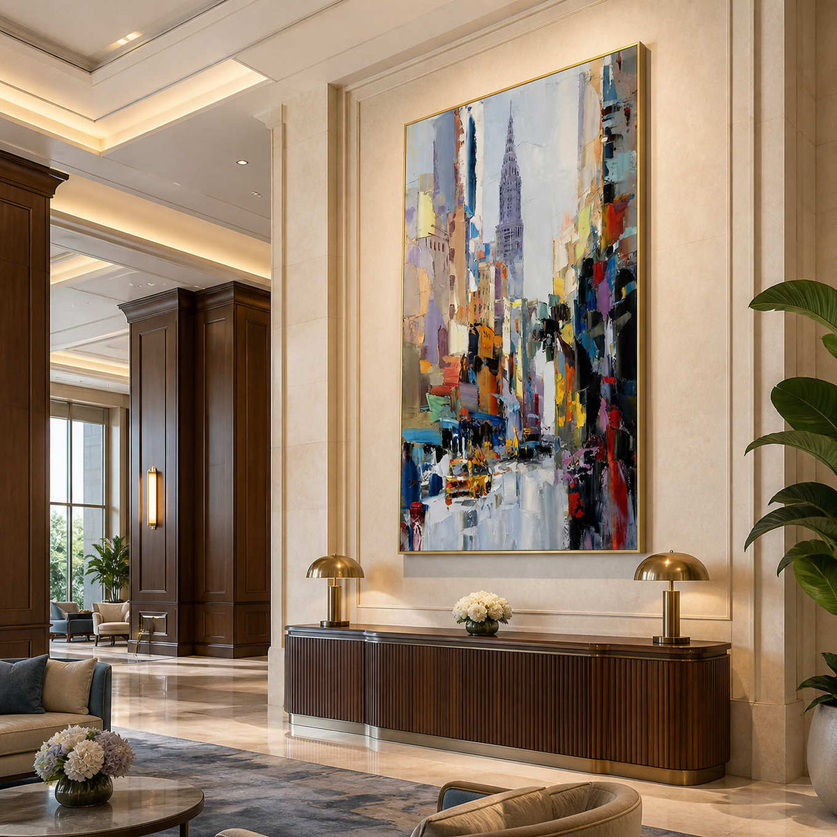 Gold framed colorful cityscape above a curved hotel lobby console with paired lamps.