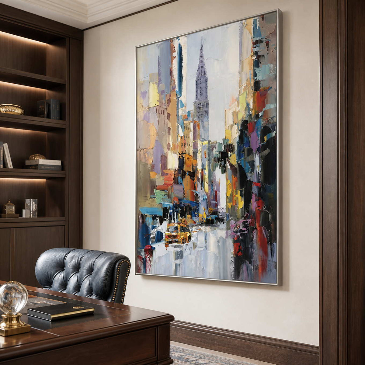 Silver framed colorful cityscape behind a wooden desk with a dark leather chair.