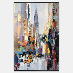 Vertical cityscape with colorful buildings, yellow vehicles, pale street reflections, and a distant spired tower.