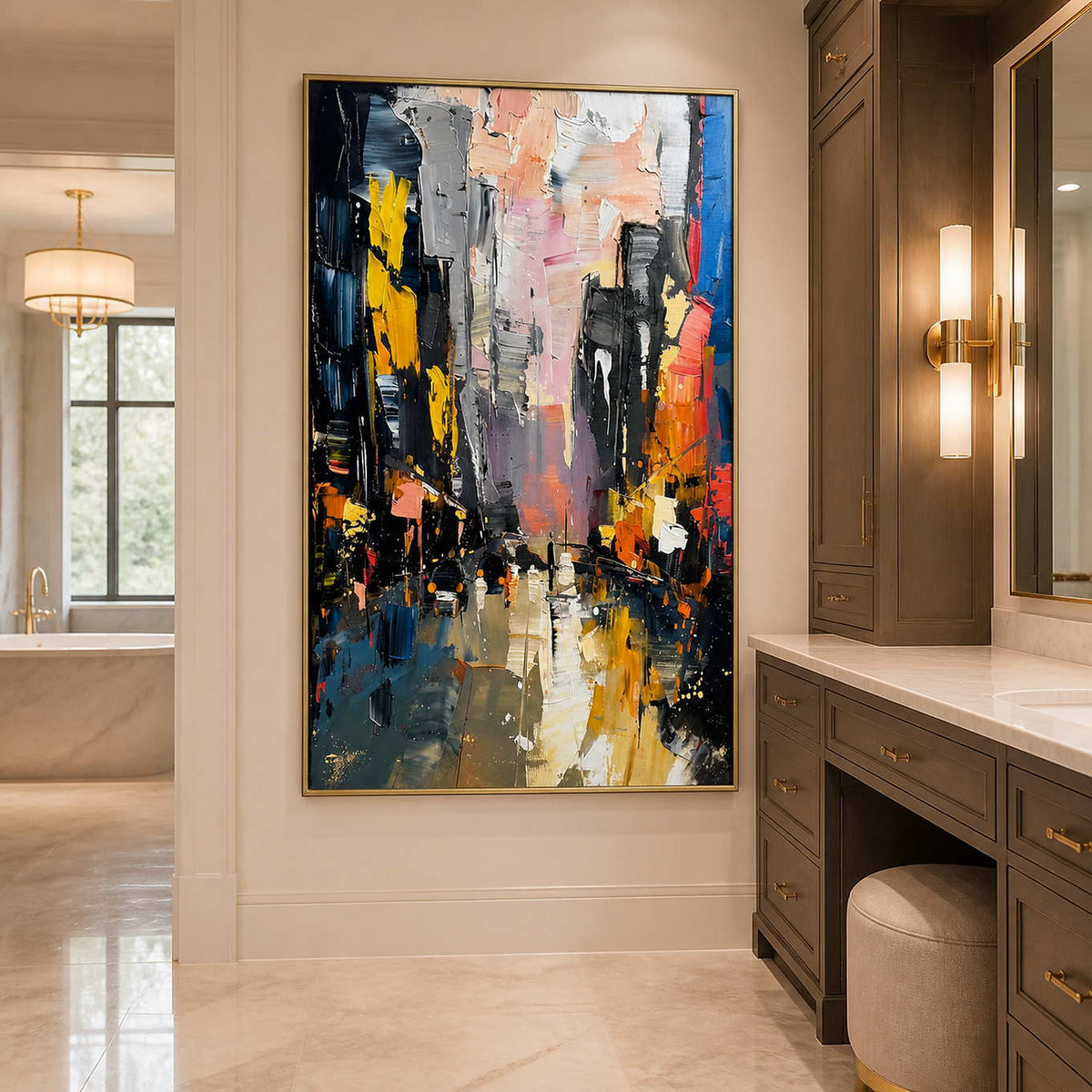 City Lights Break Through the Rain in a gold-framed bathroom