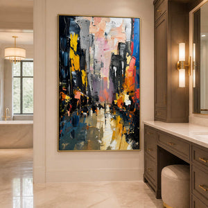 City Lights Break Through the Rain in a gold-framed bathroom