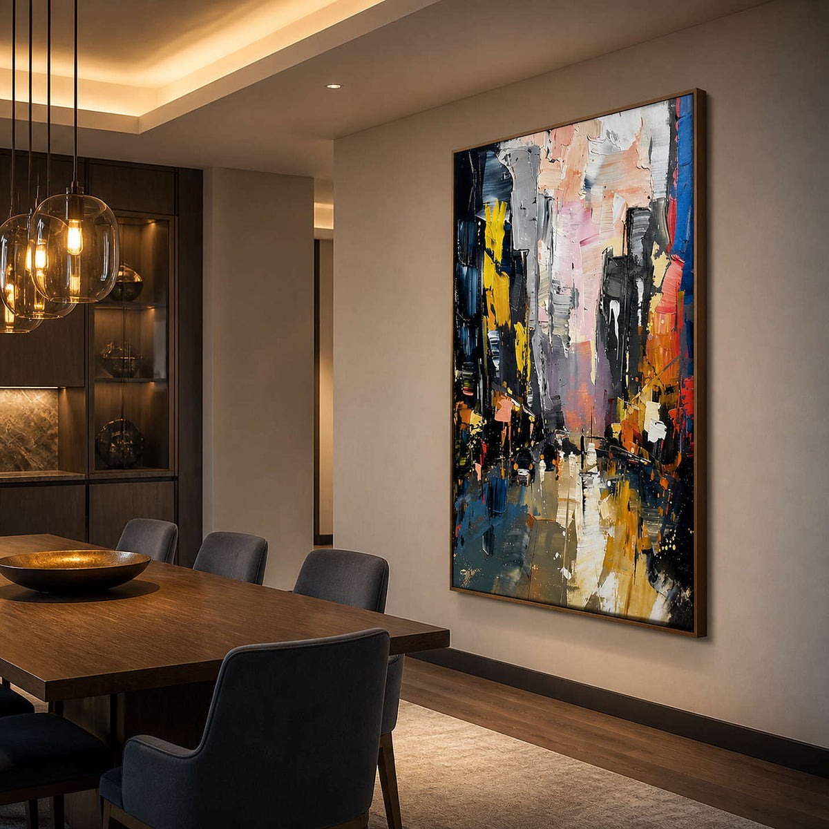 City Lights Break Through the Rain in a wood-framed dining room