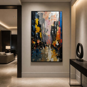 City Lights Break Through the Rain in a black-framed entryway