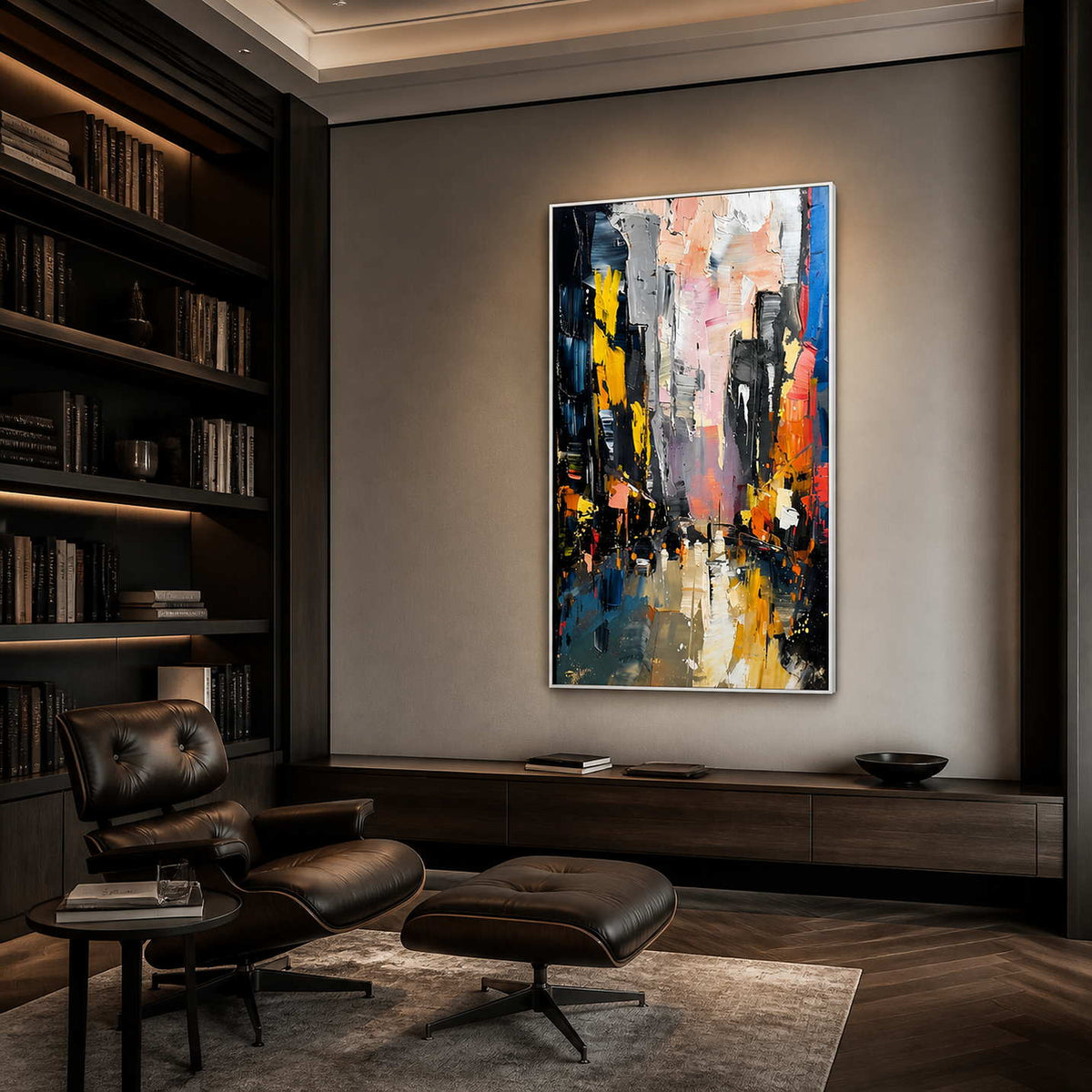 City Lights Break Through the Rain in a white-framed library