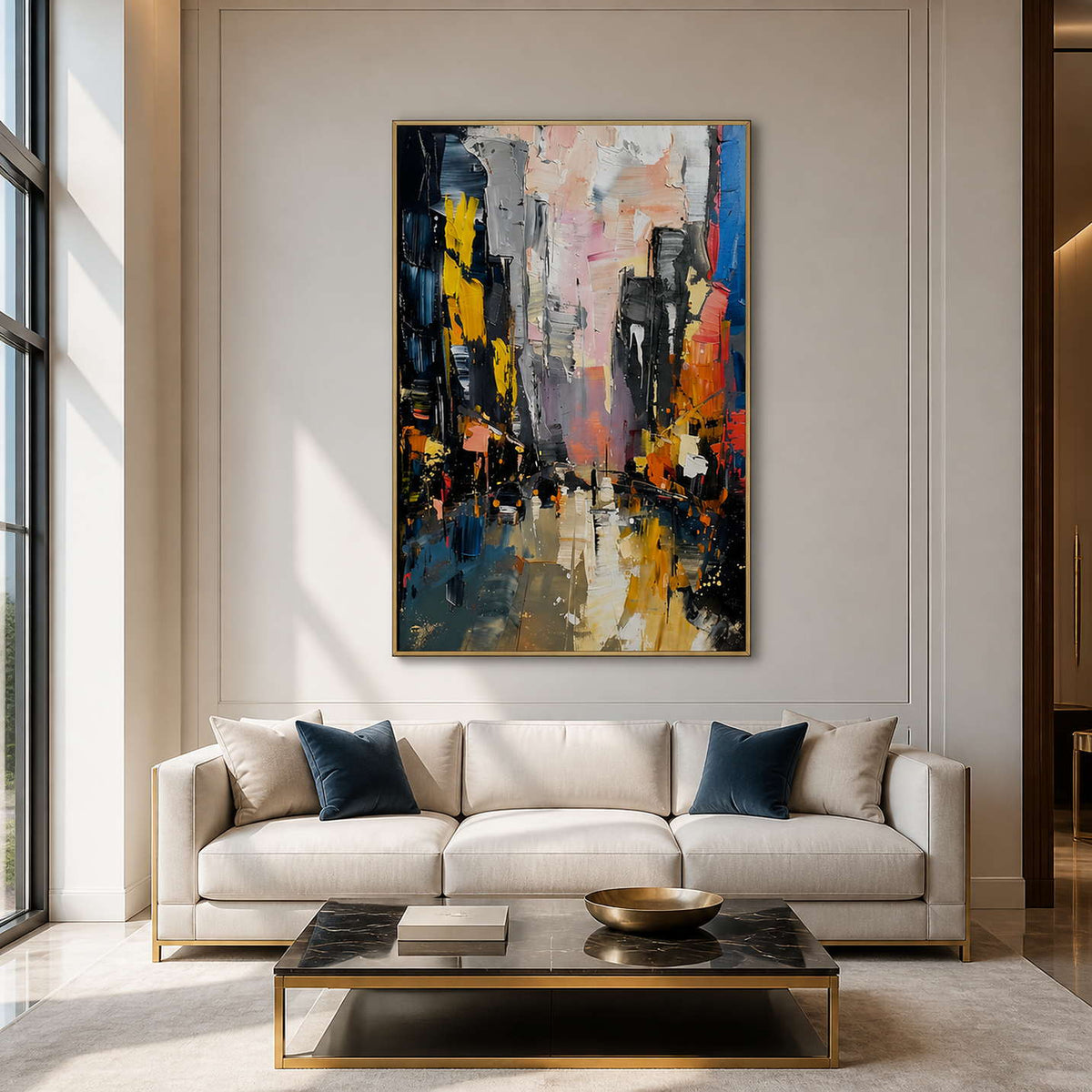 City Lights Break Through the Rain in a gold-framed living room