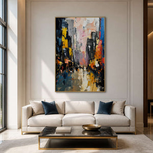 City Lights Break Through the Rain in a gold-framed living room