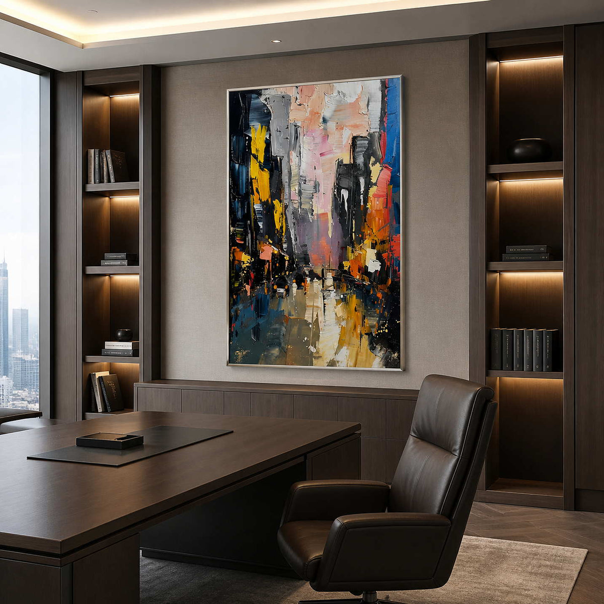 City Lights Break Through the Rain in a silver-framed office