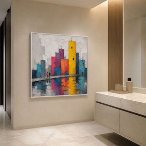 Colorful textured city wall art in a contemporary bathroom setting.