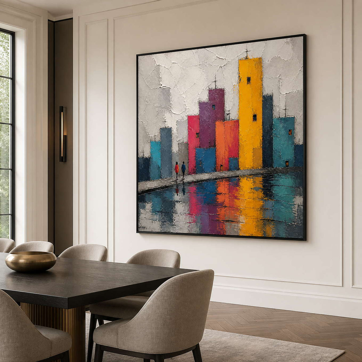 Colorful textured cityscape wall art in a dining room with a black frame.
