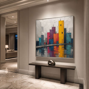 Square urban wall art in a luxury entryway with a silver frame.