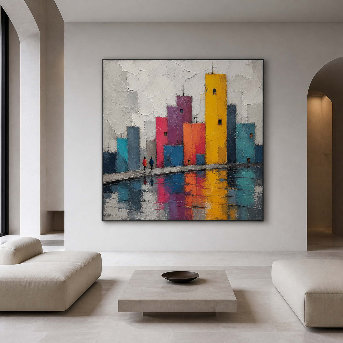 Textured colorful cityscape displayed in a contemporary gallery lounge.