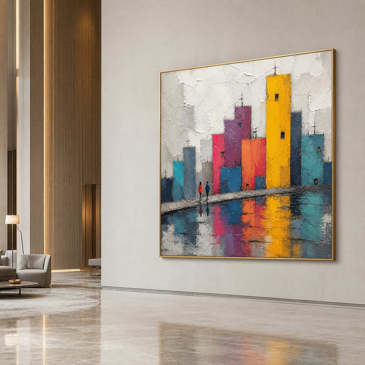 Bright modern cityscape wall art displayed in an upscale hotel lobby.