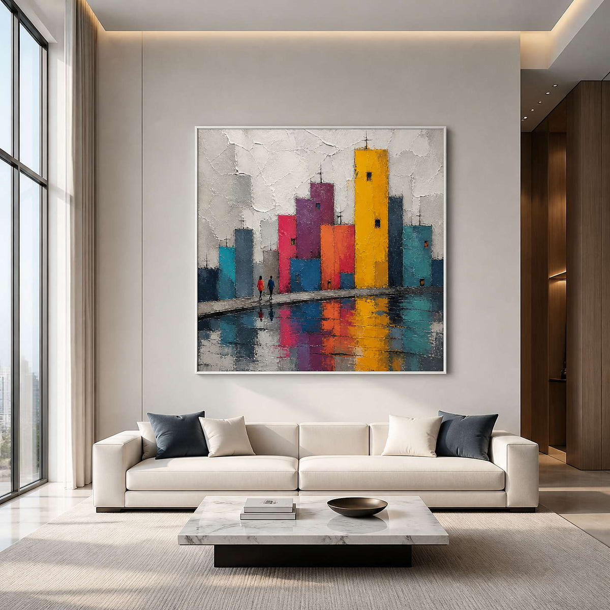 City Reflections in Color wall art in a bright modern living room.