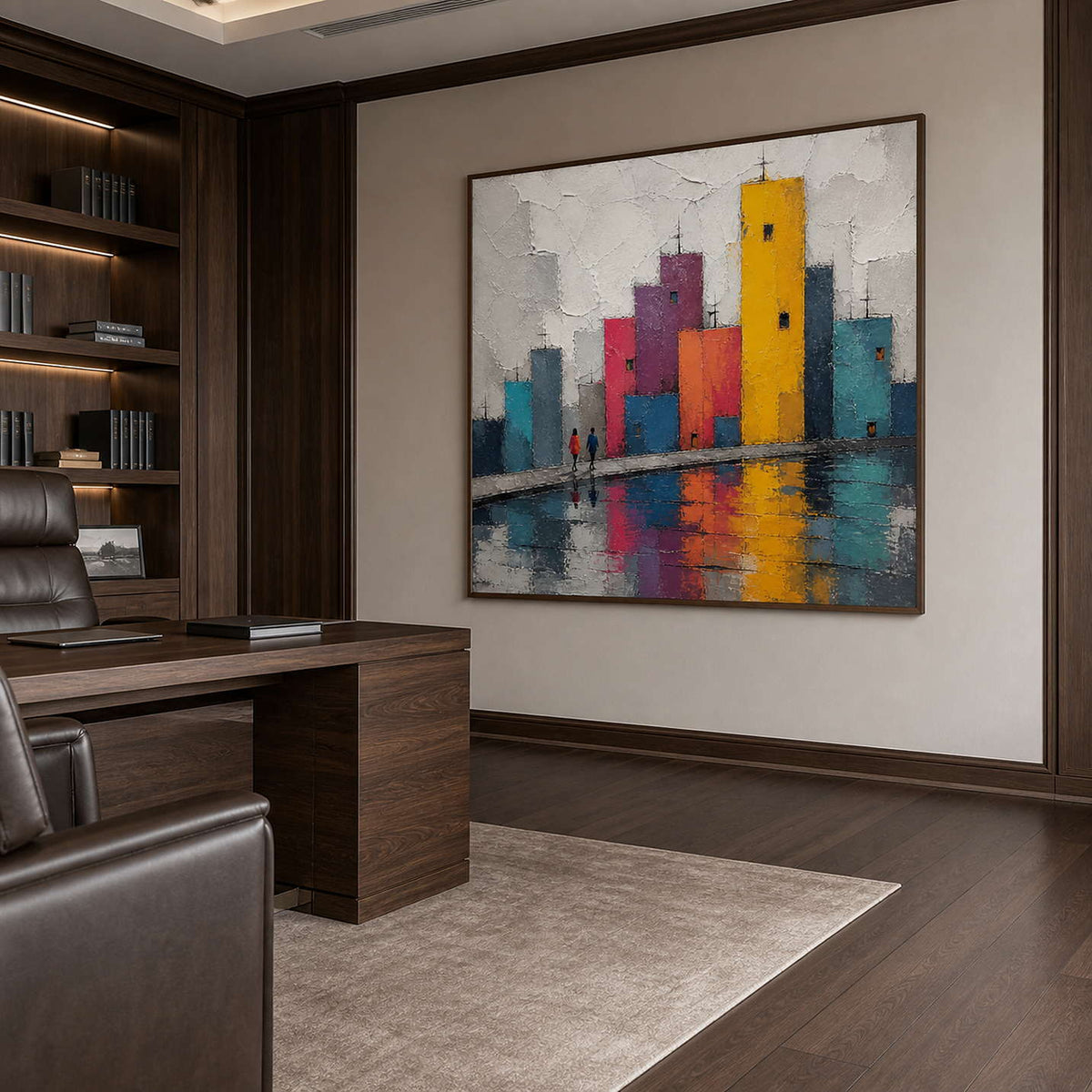Vivid cityscape wall art in a private office with a wood frame.